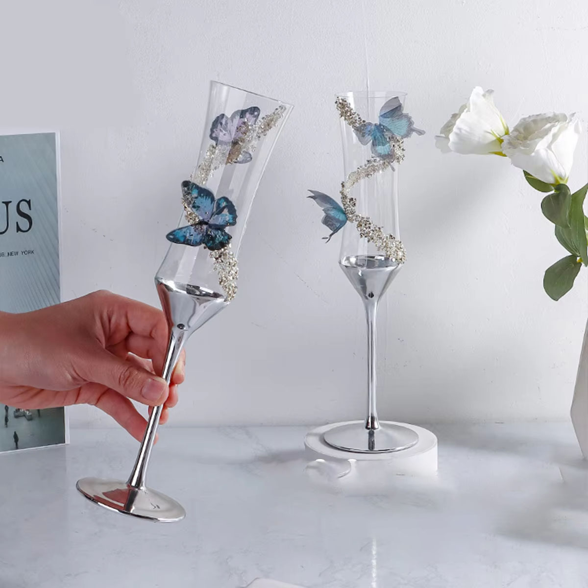 Borboleta champanhe vidro galv - Champagne Flute Pair avaliação e preço